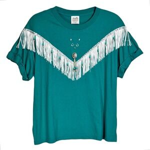 Vintage Western Fringe Beaded Concho T Shirt Size XL Turquoise Cowgirl Rodeo 90s